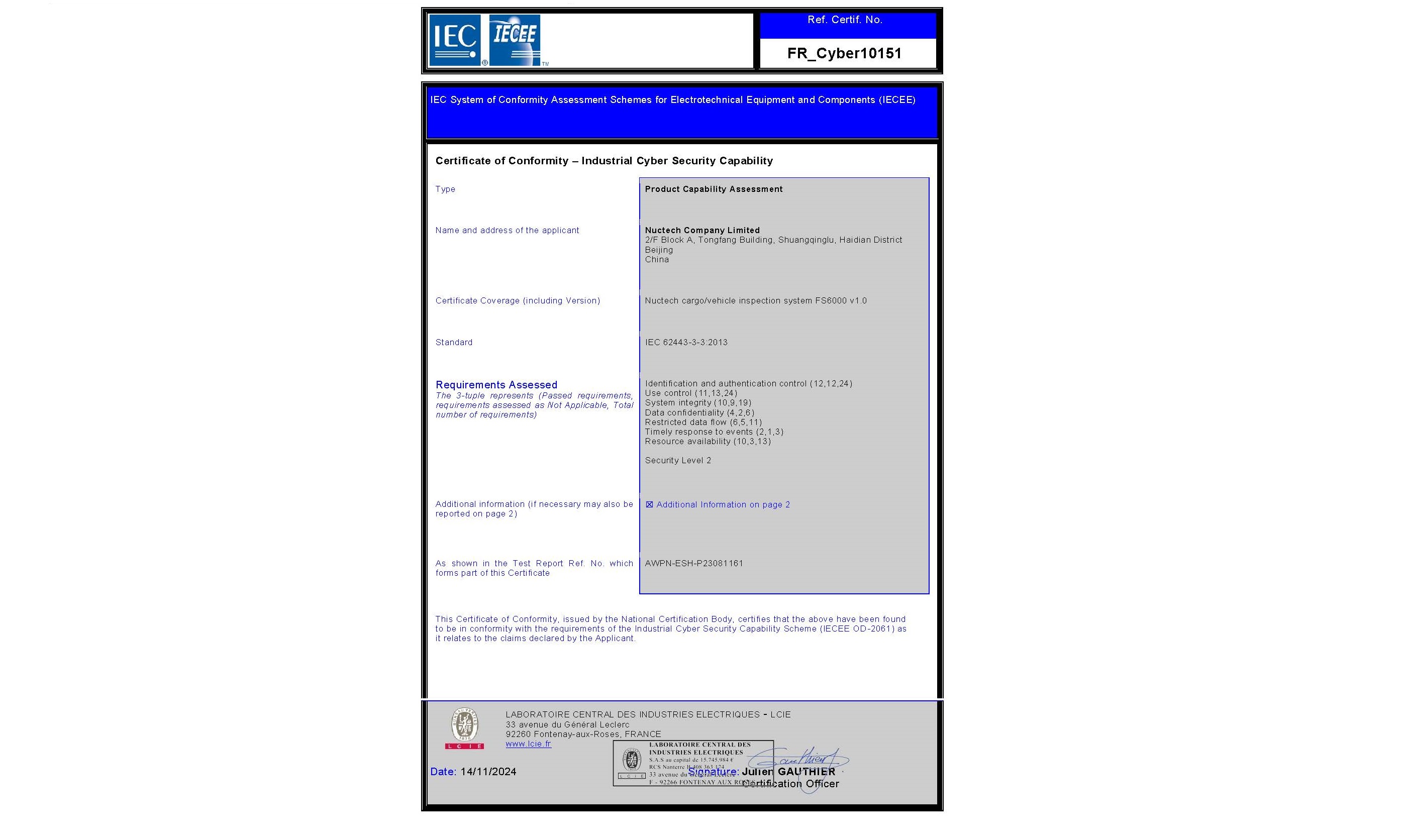 Nuctech’s Cargo and Vehicle Inspection System Certified to International Information Security Standards